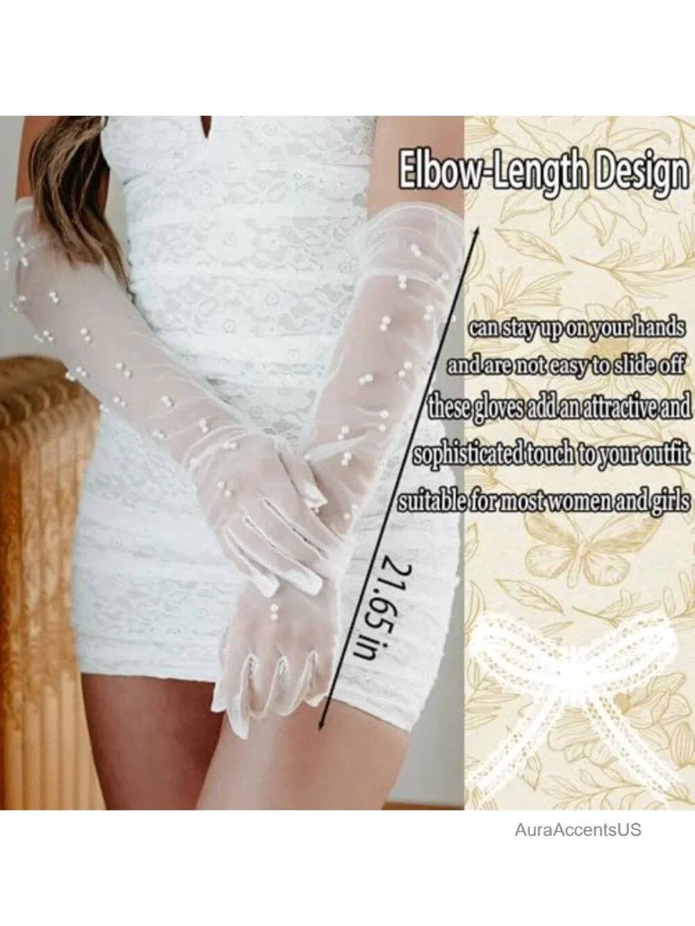 Long Pearl Wedding Gloves Tulle Bridal Gloves Detachable Sleeves Elbow Length